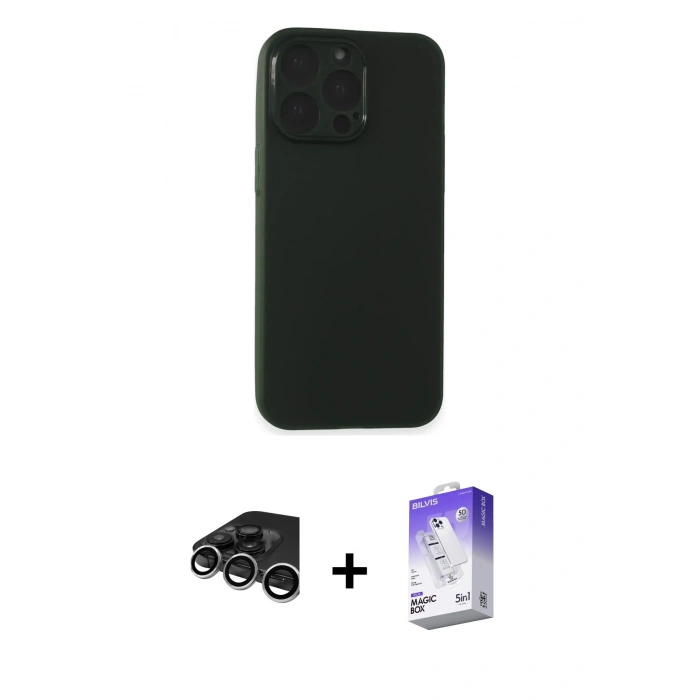 MARSİLYAN™- iPhone 15 Pro Max Kılıf Atlas Minimal Prime - Siyah Bilvis 5in1 3D Magic Cam Ekran Koruyucu + Raze Metal Kamera Lens - GS