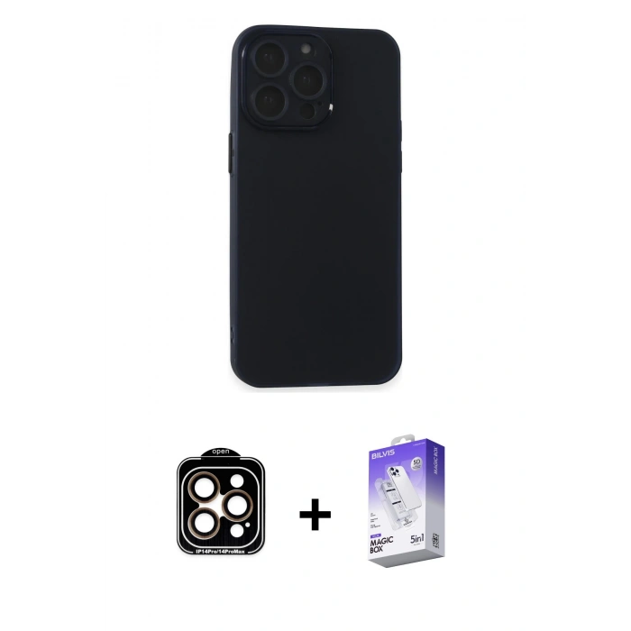 MARSİLYAN™- iPhone 15 Pro Max Kılıf Atlas Minimal Prime - Siyah Bilvis 5in1 3D Magic Cam Ekran Koruyucu + PVD Metal Kamera Lens - TU