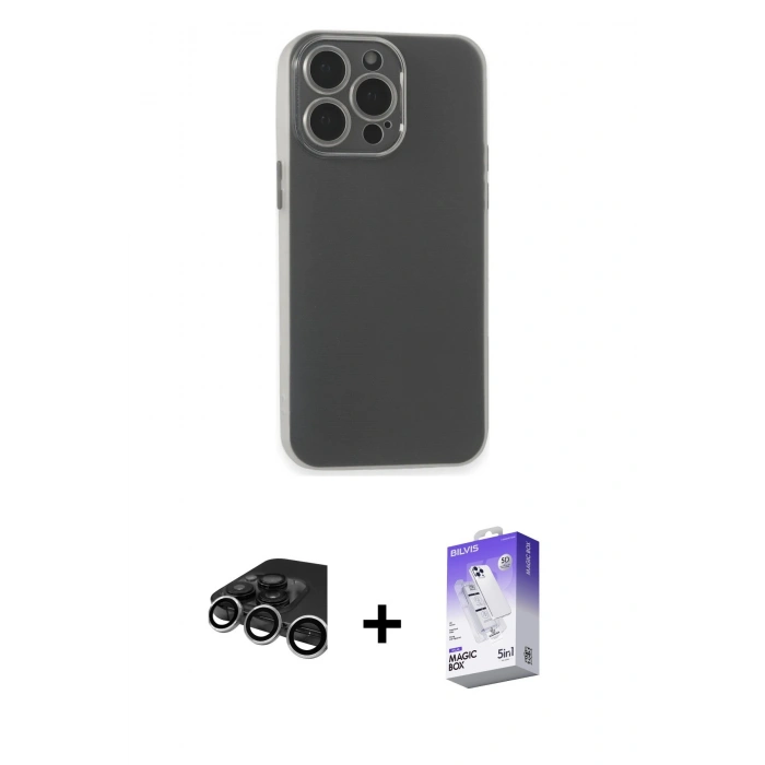 MARSİLYAN™- iPhone 15 Pro Max Kılıf Atlas Minimal Prime - Siyah Bilvis 5in1 3D Magic Cam Ekran Koruyucu + Raze Metal Kamera Lens - GS