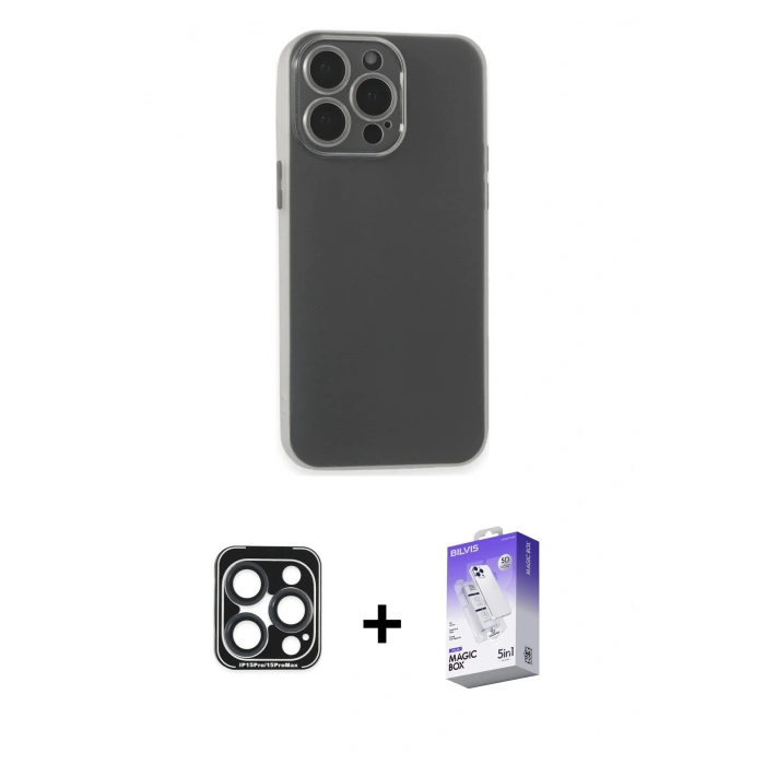 MARSİLYAN™- iPhone 15 Pro Max Kılıf Atlas Minimal Prime - Siyah Bilvis 5in1 3D Magic Cam Ekran Koruyucu + PVD Metal Kamera Lens - LT