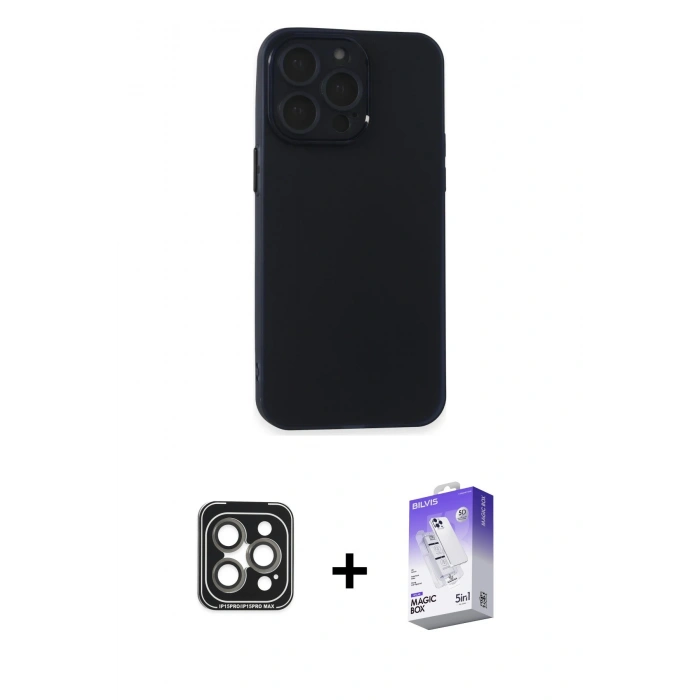 MARSİLYAN™- iPhone 15 Pro Max Kılıf Atlas Minimal Prime - Siyah Bilvis 5in1 3D Magic Cam Ekran Koruyucu + PVD Metal Kamera Lens - GI