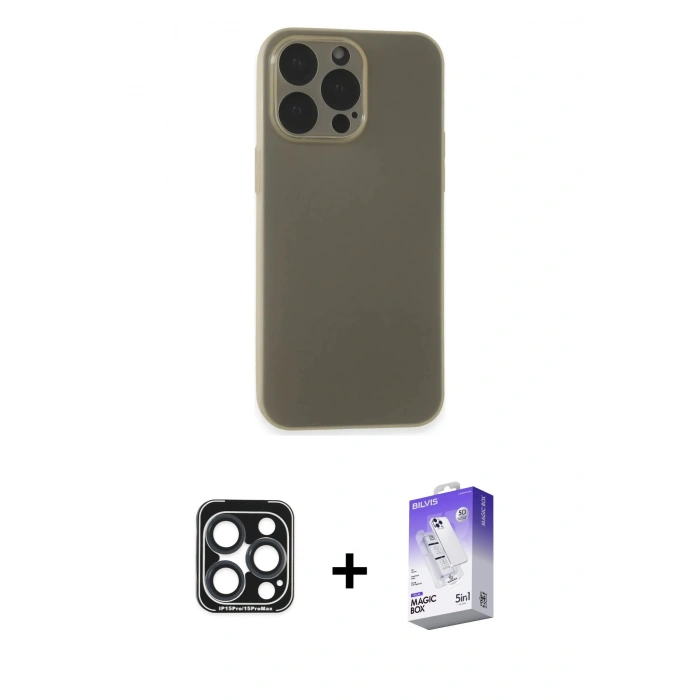 MARSİLYAN™- iPhone 15 Pro Max Kılıf Atlas Minimal Prime - Siyah Bilvis 5in1 3D Magic Cam Ekran Koruyucu + PVD Metal Kamera Lens - LT