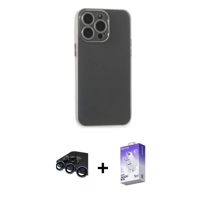MARSİLYAN™- iPhone 15 Pro Max Kılıf Atlas Minimal Prime - Siyah Bilvis 5in1 3D Magic Cam Ekran Koruyucu + Raze Metal Kamera Lens - LT