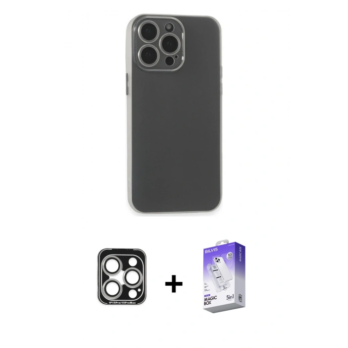 MARSİLYAN™- iPhone 15 Pro Max Kılıf Atlas Minimal Prime - Siyah Bilvis 5in1 3D Magic Cam Ekran Koruyucu + PVD Metal Kamera Lens - GS