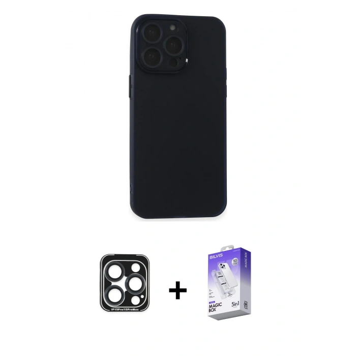 MARSİLYAN™- iPhone 15 Pro Max Kılıf Atlas Minimal Prime - Siyah Bilvis 5in1 3D Magic Cam Ekran Koruyucu + Lacivert PVD Metal Kamera Lens
