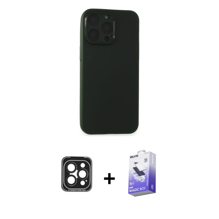 MARSİLYAN™- iPhone 15 Pro Max Kılıf Atlas Minimal Prime - Siyah Bilvis 5in1 5D Magic Hayalet Cam Ekran Koruyucu + PVD Metal Kamera Lens - SH