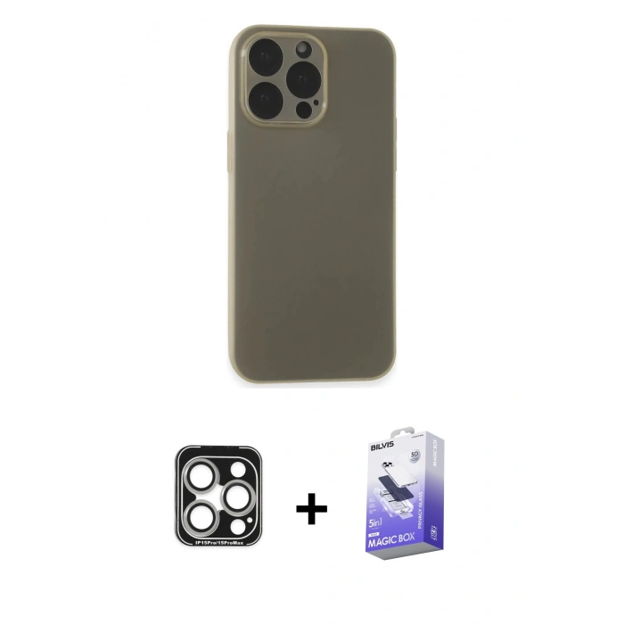 MARSİLYAN™- iPhone 15 Pro Max Kılıf Atlas Minimal Prime - Siyah Bilvis 5in1 5D Magic Hayalet Cam Ekran Koruyucu + PVD Metal Kamera Lens - GS