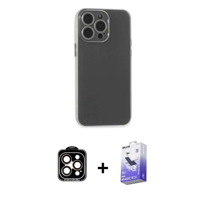 MARSİLYAN™- iPhone 15 Pro Max Kılıf Atlas Minimal Prime - Siyah Bilvis 5in1 5D Magic Hayalet Cam Ekran Koruyucu + PVD Metal Kamera Lens - TU