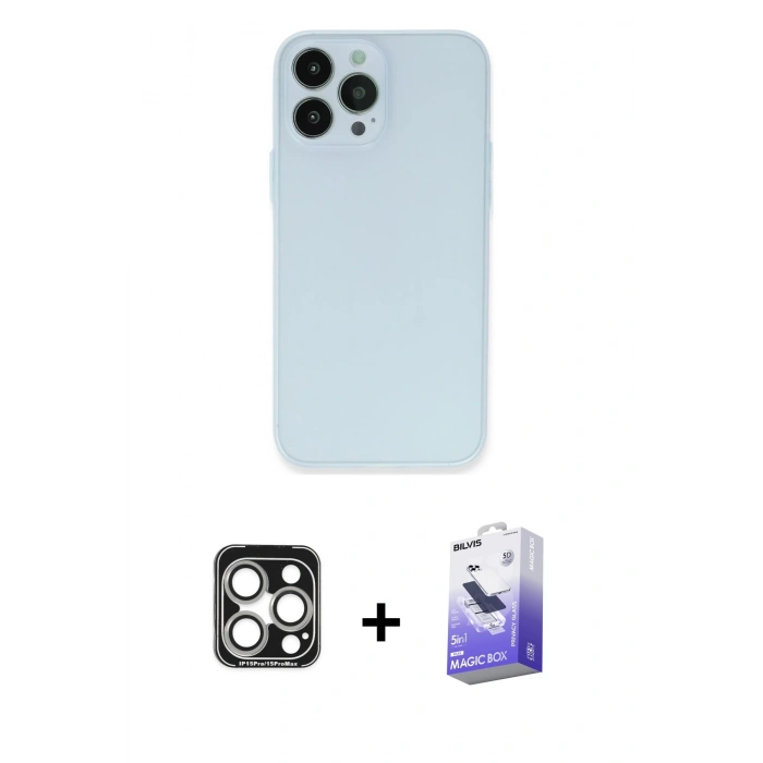 MARSİLYAN™- iPhone 15 Pro Max Kılıf Atlas Minimal Prime - Siyah Bilvis 5in1 5D Magic Hayalet Cam Ekran Koruyucu + PVD Metal Kamera Lens - GS