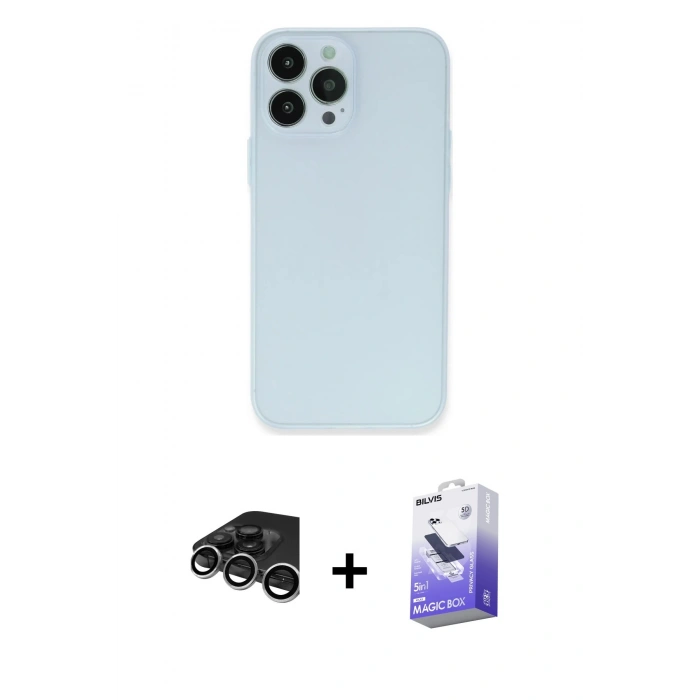 MARSİLYAN™- iPhone 15 Pro Max Kılıf Atlas Minimal Prime - Siyah Bilvis 5in1 5D Magic Hayalet Cam Ekran Koruyucu + Gümüş Raze Metal Kamera Lens