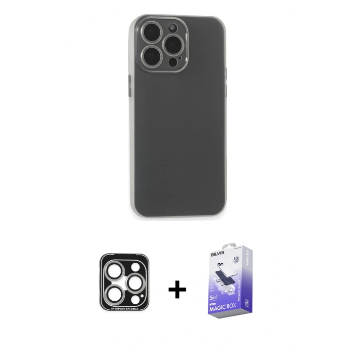 MARSİLYAN™- iPhone 15 Pro Max Kılıf Atlas Minimal Prime - Siyah Bilvis 5in1 5D Magic Hayalet Cam Ekran Koruyucu + PVD Metal Kamera Lens - GS