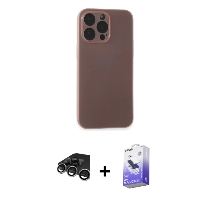 MARSİLYAN™- iPhone 15 Pro Max Kılıf Atlas Minimal Prime - Siyah Bilvis 5in1 5D Magic Hayalet Cam Ekran Koruyucu + Gümüş Raze Metal Kamera Lens