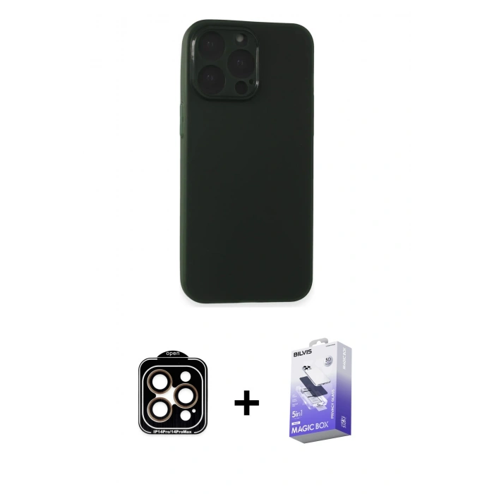 MARSİLYAN™- iPhone 15 Pro Max Kılıf Atlas Minimal Prime - Siyah Bilvis 5in1 5D Magic Hayalet Cam Ekran Koruyucu + PVD Metal Kamera Lens - TU
