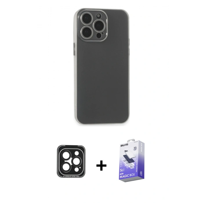 MARSİLYAN™- iPhone 15 Pro Max Kılıf Atlas Minimal Prime - Siyah Bilvis 5in1 5D Magic Hayalet Cam Ekran Koruyucu + PVD Metal Kamera Lens - SH
