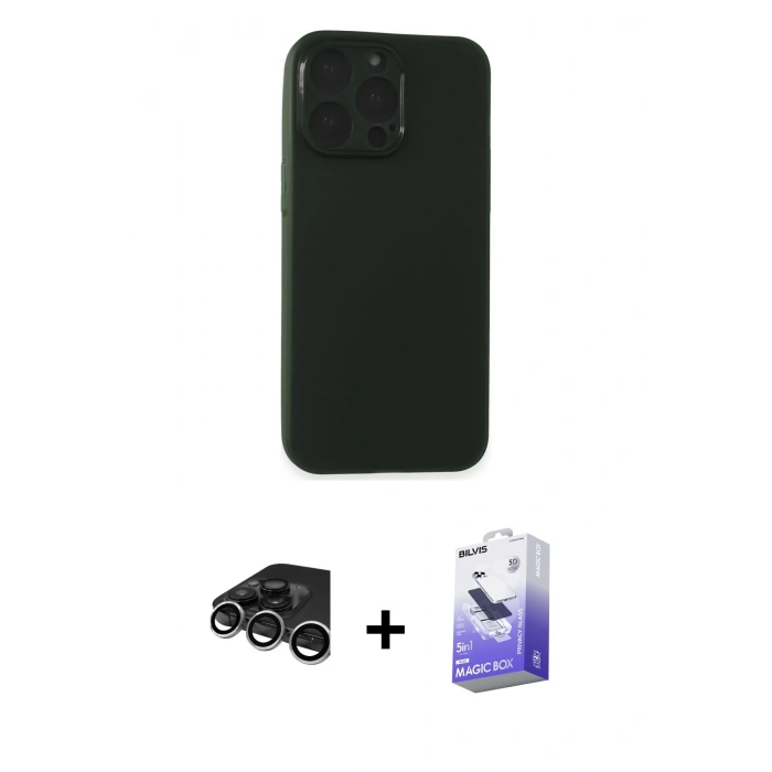 MARSİLYAN™- iPhone 15 Pro Max Kılıf Atlas Minimal Prime - Siyah Bilvis 5in1 5D Magic Hayalet Cam Ekran Koruyucu + Gümüş Raze Metal Kamera Lens
