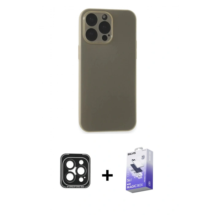 MARSİLYAN™- iPhone 15 Pro Max Kılıf Atlas Minimal Prime - Siyah Bilvis 5in1 5D Magic Hayalet Cam Ekran Koruyucu + PVD Metal Kamera Lens - SH
