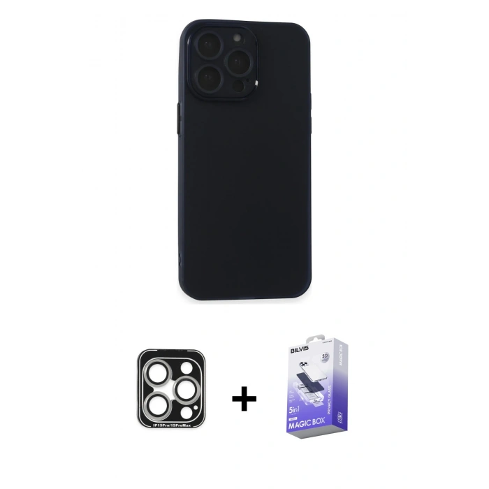 MARSİLYAN™- iPhone 15 Pro Max Kılıf Atlas Minimal Prime - Siyah Bilvis 5in1 5D Magic Hayalet Cam Ekran Koruyucu + PVD Metal Kamera Lens - GS