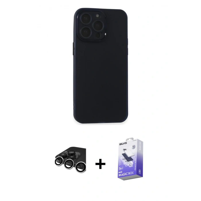 MARSİLYAN™- iPhone 15 Pro Max Kılıf Atlas Minimal Prime - Siyah Bilvis 5in1 5D Magic Hayalet Cam Ekran Koruyucu + Gümüş Raze Metal Kamera Lens