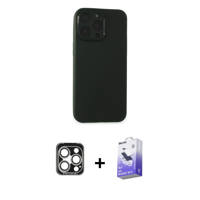 MARSİLYAN™- iPhone 15 Pro Max Kılıf Atlas Minimal Prime - Siyah Bilvis 5in1 5D Magic Hayalet Cam Ekran Koruyucu + PVD Metal Kamera Lens - GS