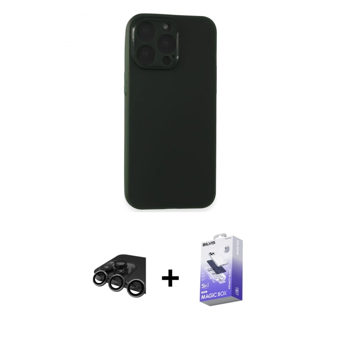 MARSİLYAN™- iPhone 15 Pro Max Kılıf Atlas Minimal Prime - Siyah Bilvis 5in1 5D Magic Hayalet Cam Ekran Koruyucu + Raze Metal Kamera Lens - TMGI