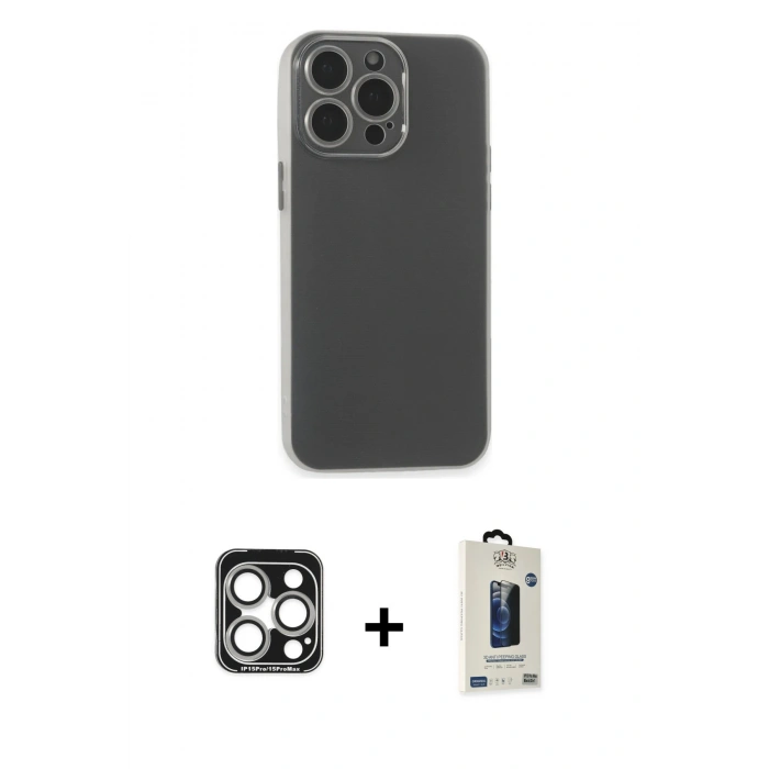 MARSİLYAN™- iPhone 15 Pro Max Kılıf Atlas Minimal Prime - Siyah Bilvis Hayalet Cam Ekran Koruyucu + PVD Metal Kamera Lens - GS