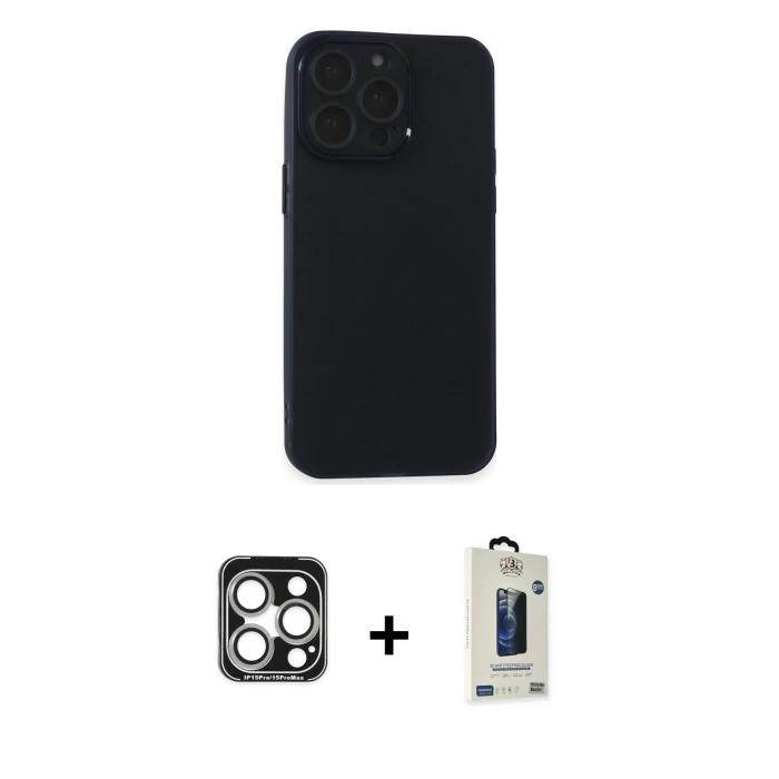 MARSİLYAN™- iPhone 15 Pro Max Kılıf Atlas Minimal Prime - Siyah Bilvis Hayalet Cam Ekran Koruyucu + PVD Metal Kamera Lens - GS