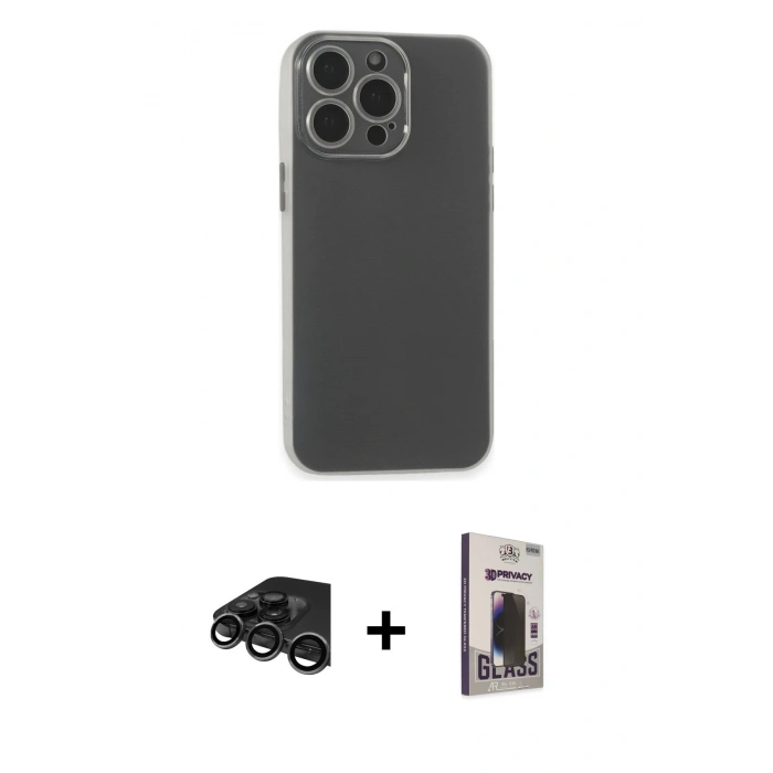 MARSİLYAN™- iPhone 15 Pro Max Kılıf Atlas Minimal Prime - Siyah Bilvis Hayalet Cam Ekran Koruyucu + Raze Metal Kamera Lens - TMGI