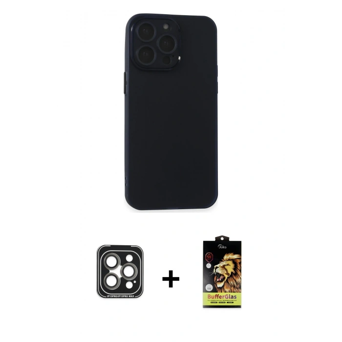 MARSİLYAN™- iPhone 15 Pro Max Kılıf Atlas Minimal Prime - Siyah Buffer Cam Ekran Koruyucu + PVD Metal Kamera Lens - GI