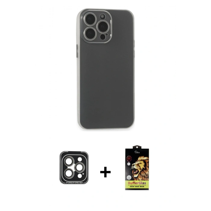 MARSİLYAN™- iPhone 15 Pro Max Kılıf Atlas Minimal Prime - Siyah Buffer Cam Ekran Koruyucu + PVD Metal Kamera Lens - GI