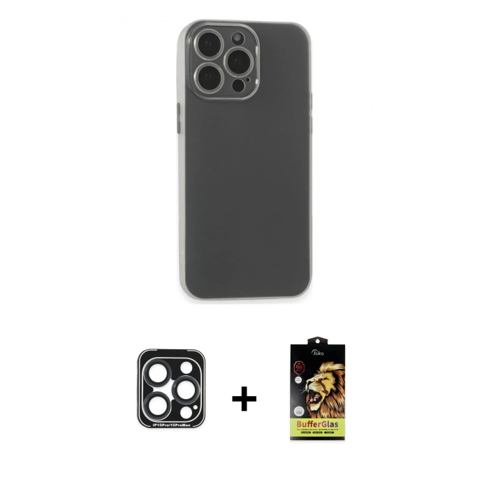 MARSİLYAN™- iPhone 15 Pro Max Kılıf Atlas Minimal Prime - Siyah Buffer Cam Ekran Koruyucu + PVD Metal Kamera Lens - LT