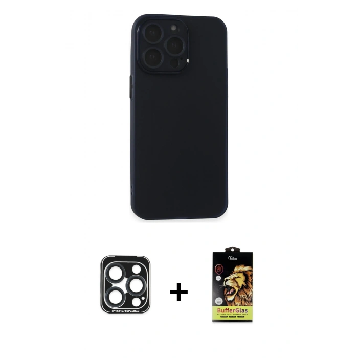 MARSİLYAN™- iPhone 15 Pro Max Kılıf Atlas Minimal Prime - Siyah Buffer Cam Ekran Koruyucu + PVD Metal Kamera Lens - LT
