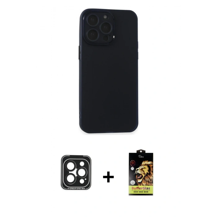 MARSİLYAN™- iPhone 15 Pro Max Kılıf Atlas Minimal Prime - Siyah Buffer Cam Ekran Koruyucu + PVD Metal Kamera Lens - SH