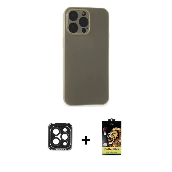 MARSİLYAN™- iPhone 15 Pro Max Kılıf Atlas Minimal Prime - Siyah Buffer Cam Ekran Koruyucu + PVD Metal Kamera Lens - SH
