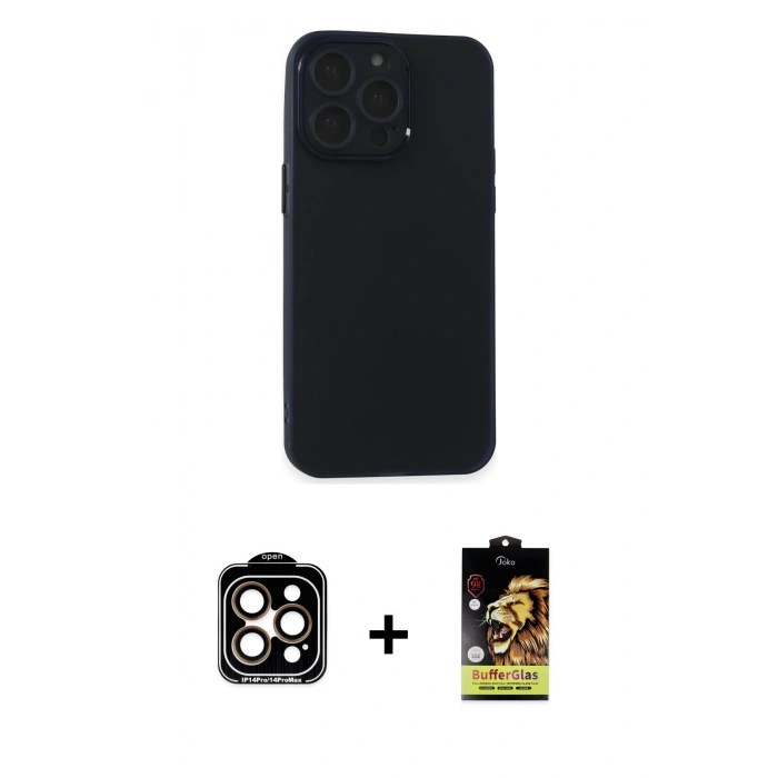 MARSİLYAN™- iPhone 15 Pro Max Kılıf Atlas Minimal Prime - Siyah Buffer Cam Ekran Koruyucu + PVD Metal Kamera Lens - TU