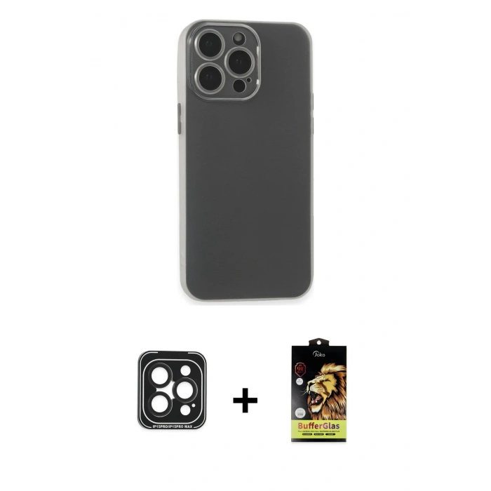MARSİLYAN™- iPhone 15 Pro Max Kılıf Atlas Minimal Prime - Siyah Buffer Cam Ekran Koruyucu + PVD Metal Kamera Lens - SH
