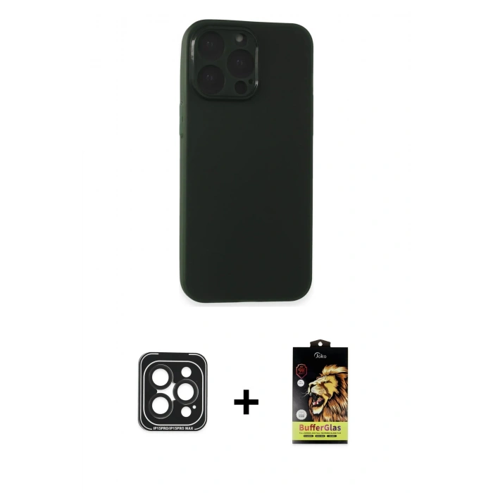 MARSİLYAN™- iPhone 15 Pro Max Kılıf Atlas Minimal Prime - Siyah Buffer Cam Ekran Koruyucu + PVD Metal Kamera Lens - SH