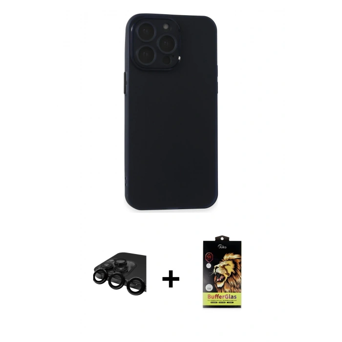 MARSİLYAN™- iPhone 15 Pro Max Kılıf Atlas Minimal Prime - Siyah Buffer Cam Ekran Koruyucu + Raze Metal Kamera Lens - SH