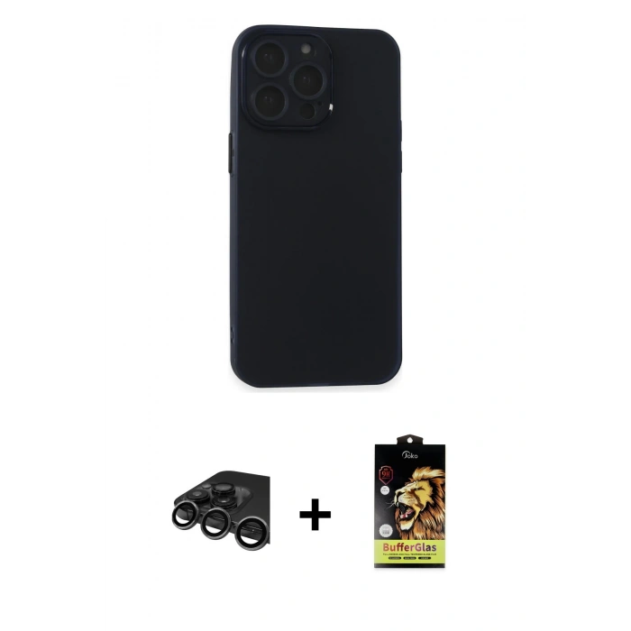MARSİLYAN™- iPhone 15 Pro Max Kılıf Atlas Minimal Prime - Siyah Buffer Cam Ekran Koruyucu + Raze Metal Kamera Lens - TMGI