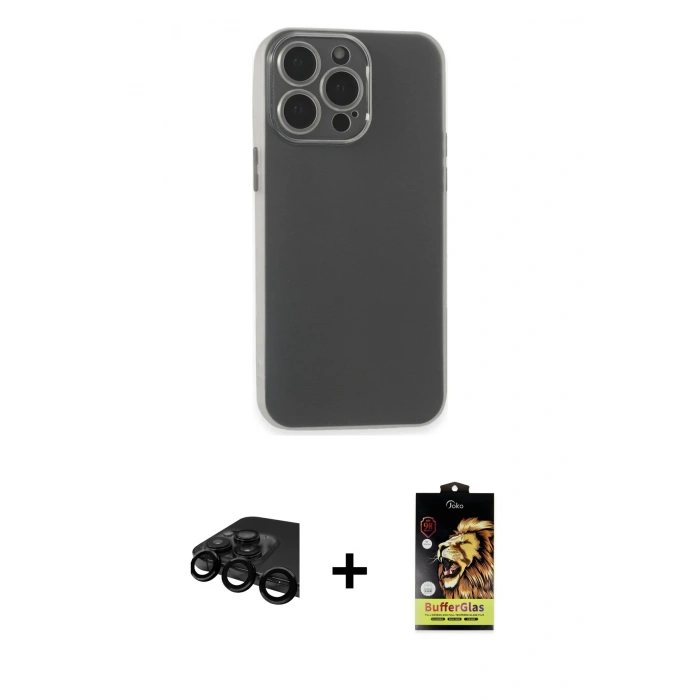 MARSİLYAN™- iPhone 15 Pro Max Kılıf Atlas Minimal Prime - Siyah Buffer Cam Ekran Koruyucu + Raze Metal Kamera Lens - SH