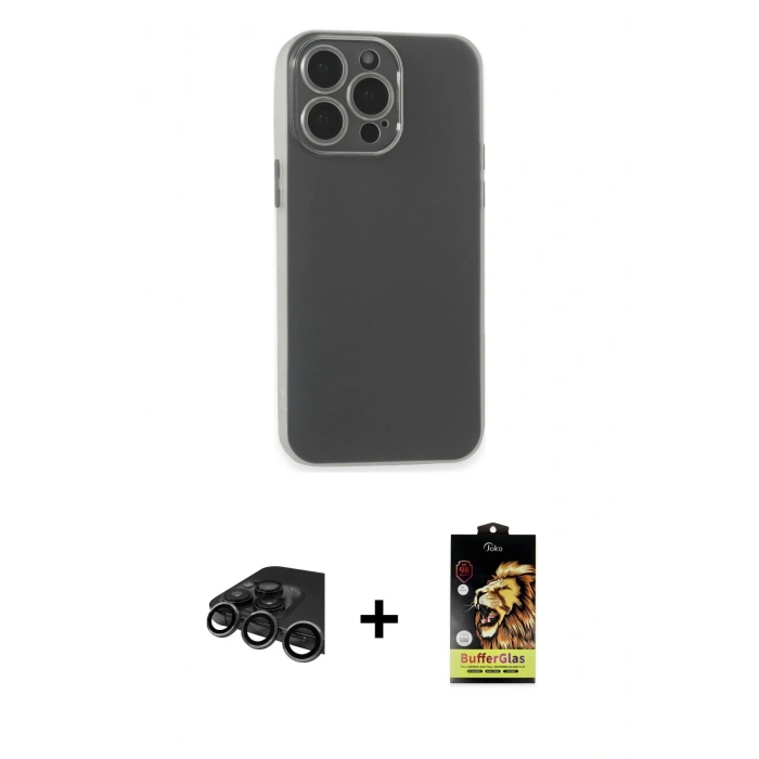 MARSİLYAN™- iPhone 15 Pro Max Kılıf Atlas Minimal Prime - Siyah Buffer Cam Ekran Koruyucu + Raze Metal Kamera Lens - TMGI