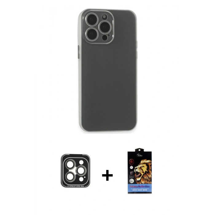 MARSİLYAN™- iPhone 15 Pro Max Kılıf Atlas Minimal Prime - Siyah Buffer Hayalet Cam Ekran Koruyucu + PVD Metal Kamera Lens - GI