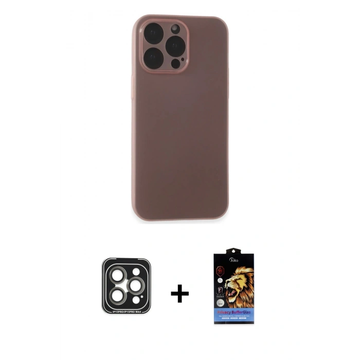 MARSİLYAN™- iPhone 15 Pro Max Kılıf Atlas Minimal Prime - Siyah Buffer Hayalet Cam Ekran Koruyucu + PVD Metal Kamera Lens - GI