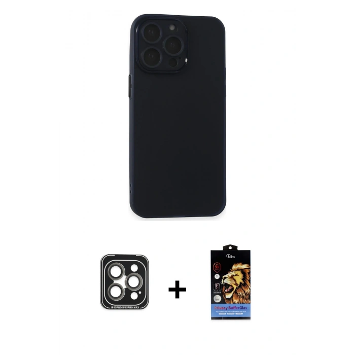MARSİLYAN™- iPhone 15 Pro Max Kılıf Atlas Minimal Prime - Siyah Buffer Hayalet Cam Ekran Koruyucu + PVD Metal Kamera Lens - GI