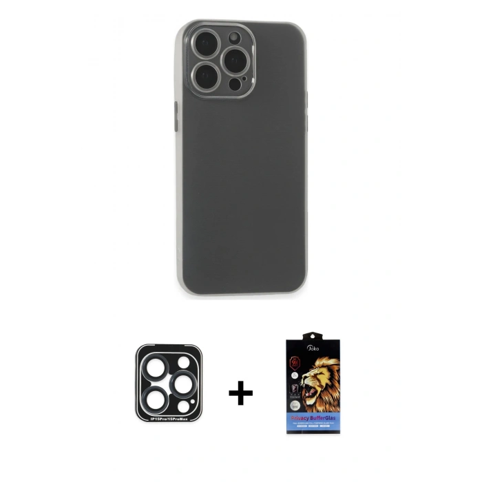 MARSİLYAN™- iPhone 15 Pro Max Kılıf Atlas Minimal Prime - Siyah Buffer Hayalet Cam Ekran Koruyucu + PVD Metal Kamera Lens - LT