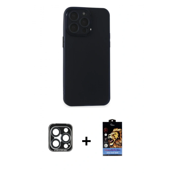 MARSİLYAN™- iPhone 15 Pro Max Kılıf Atlas Minimal Prime - Siyah Buffer Hayalet Cam Ekran Koruyucu + PVD Metal Kamera Lens - LT