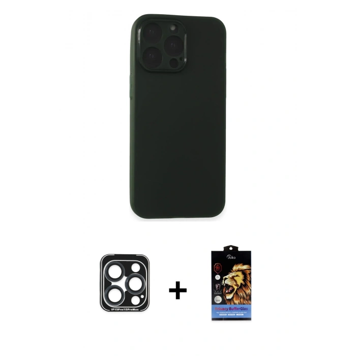 MARSİLYAN™- iPhone 15 Pro Max Kılıf Atlas Minimal Prime - Siyah Buffer Hayalet Cam Ekran Koruyucu + PVD Metal Kamera Lens - LT