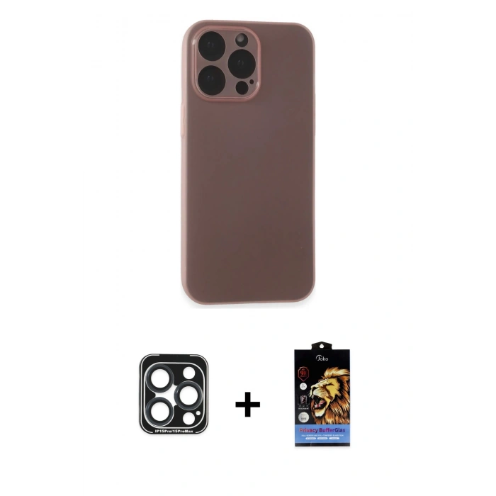 MARSİLYAN™- iPhone 15 Pro Max Kılıf Atlas Minimal Prime - Siyah Buffer Hayalet Cam Ekran Koruyucu + PVD Metal Kamera Lens - LT