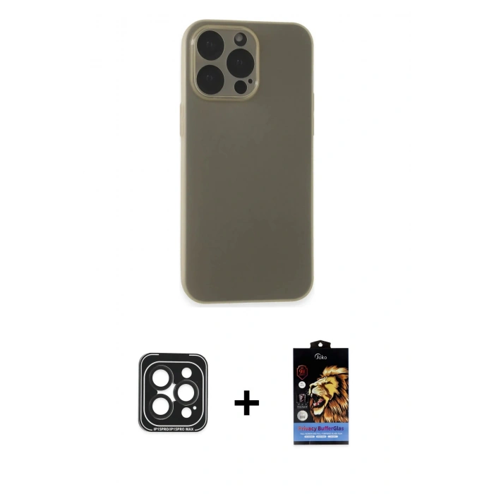 MARSİLYAN™- iPhone 15 Pro Max Kılıf Atlas Minimal Prime - Siyah Buffer Hayalet Cam Ekran Koruyucu + PVD Metal Kamera Lens - SH