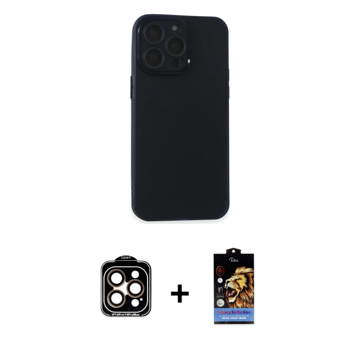 MARSİLYAN™- iPhone 15 Pro Max Kılıf Atlas Minimal Prime - Siyah Buffer Hayalet Cam Ekran Koruyucu + PVD Metal Kamera Lens - TU