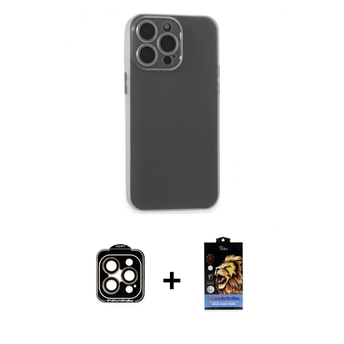 MARSİLYAN™- iPhone 15 Pro Max Kılıf Atlas Minimal Prime - Siyah Buffer Hayalet Cam Ekran Koruyucu + PVD Metal Kamera Lens - TU